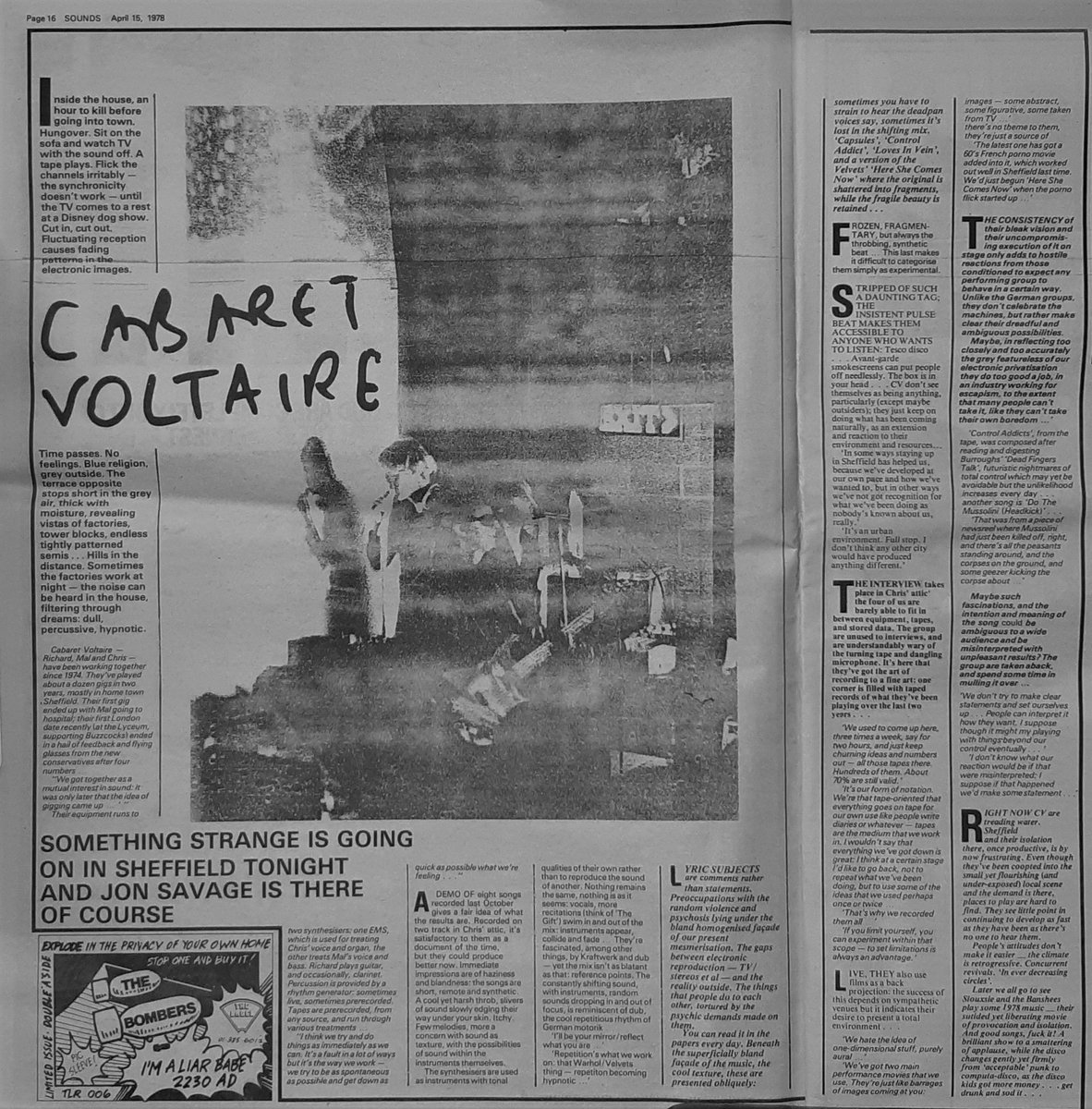 15th, April 1978 an article on Cabaret Voltaire by Jon Savage. 'We got together as a mutual interest in sound it was only later that the idea of gigging came up.'
@CabsVoltaire @StephenMal @JonSavage1966