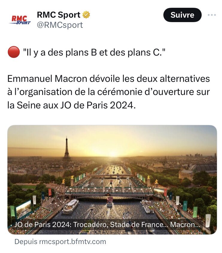 Le président du comité d’organisation @Paris2024 depuis des mois : « Il n’y a pas de plan B pour la cérémonie d’ouverture ». Emmanuel Macron, ce lundi matin à la TV : « Il y a des plans B et des plans C ». Les Jeux olympiques, modèle de gouvernance stable et efficace👌