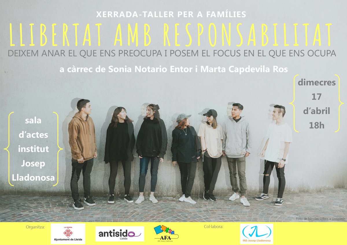 ins_lladonosa's tweet photo. L'AFA ha organitzat una xerrada-taller per a famílies el proper dimecres 17 d'abril a les 18h a càrrec de Sonia Notario i Marta Capdevila.
Es tractarà sobre la dicotomia entre els trencaments que fan els i les joves durant l’adolescència, reclamant la seva llibertat. https://t.co/IbBoggIDpM