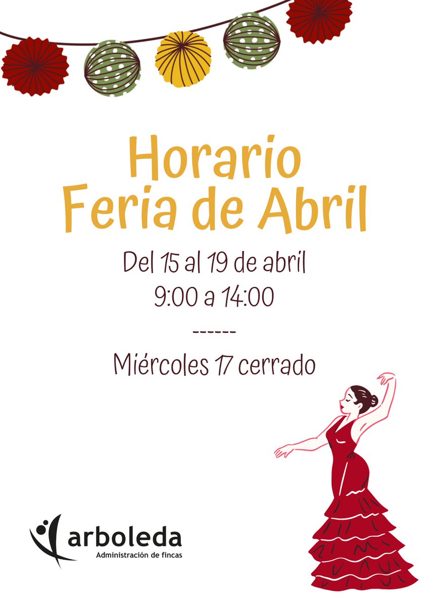 arboleda_sl's tweet photo. #ARBOLEDA Horarios semana de Feria de Abril 💃

Informamos a todos nuestros #Clientes y #seguidores que el horario de la oficina de Sevilla durante la #FeriadeAbril es:

L-15 a V-19 de 9:00 a 14:00. X-17 cerrado.

👉Nuestro oficina de entrenúcleos mantendrá su horario habitual. https://t.co/GZhqJyU6vk