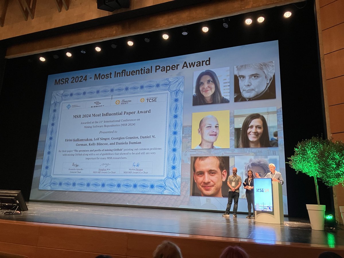 Andy Zaidman (@azaidman) on Twitter photo And the most influential paper award goes to <a href="/irina_kAl/">Eirini Kalliamvakou</a> <a href="/lsinger/">Dr. Leif Singer</a> <a href="/gousiosg/">Georgios Gousios</a> Daniel German <a href="/KellyBlincoe/">Kelly Blincoe</a> <a href="/DanaHDamian/">Dr. Daniela Damian</a> #msr2024 <a href="/msrconf/">MSR 2025</a> And the most influential paper award goes to <a href="/irina_kAl/">Eirini Kalliamvakou</a> <a href="/lsinger/">Dr. Leif Singer</a> <a href="/gousiosg/">Georgios Gousios</a> Daniel German <a href="/KellyBlincoe/">Kelly Blincoe</a> <a href="/DanaHDamian/">Dr. Daniela Damian</a> #msr2024 <a href="/msrconf/">MSR 2025</a>
