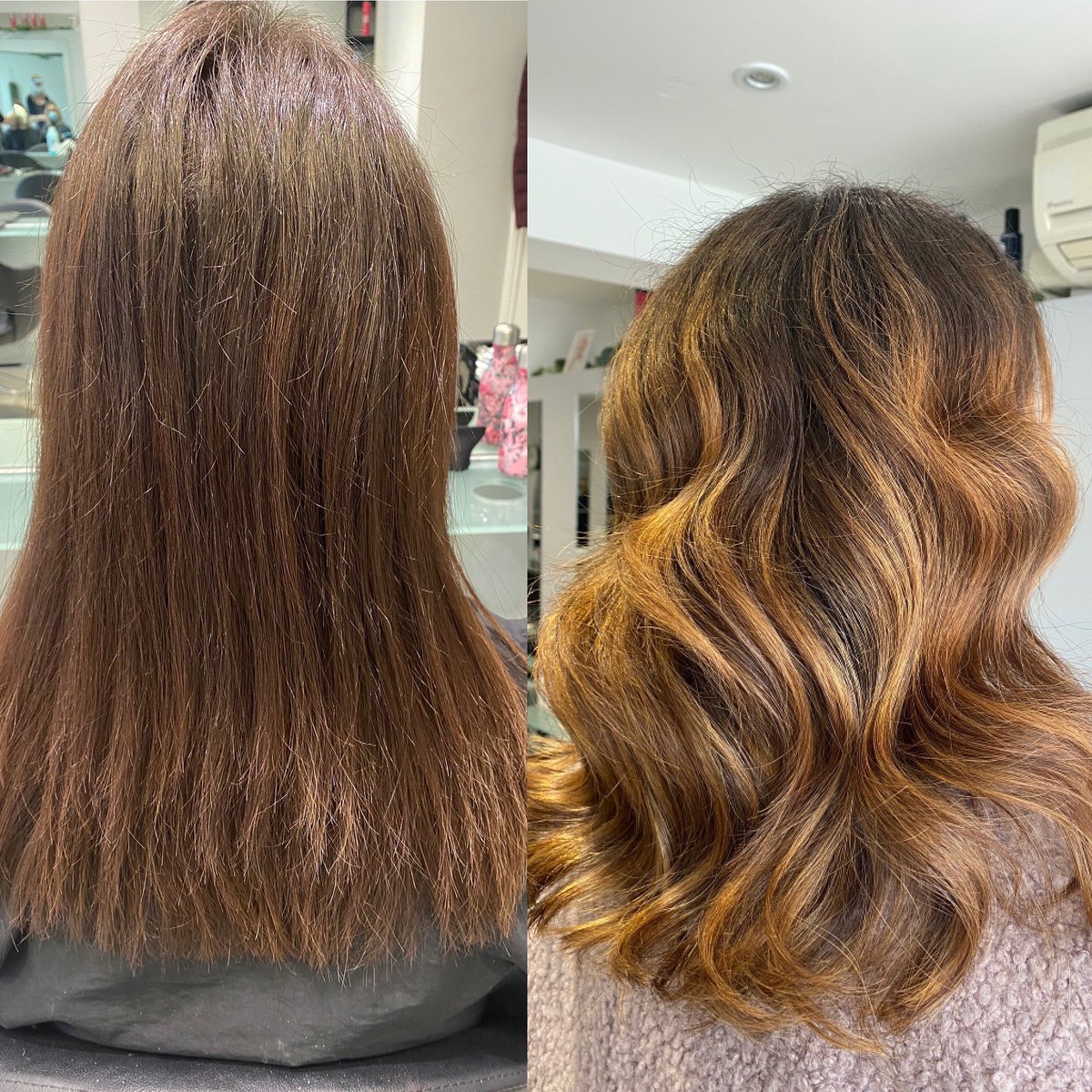 Before and after 🤩

Warm toned caramel balayage😍

#balayage #wellacolour #wellahair
#hairdresser #hairdressing #hairsalon