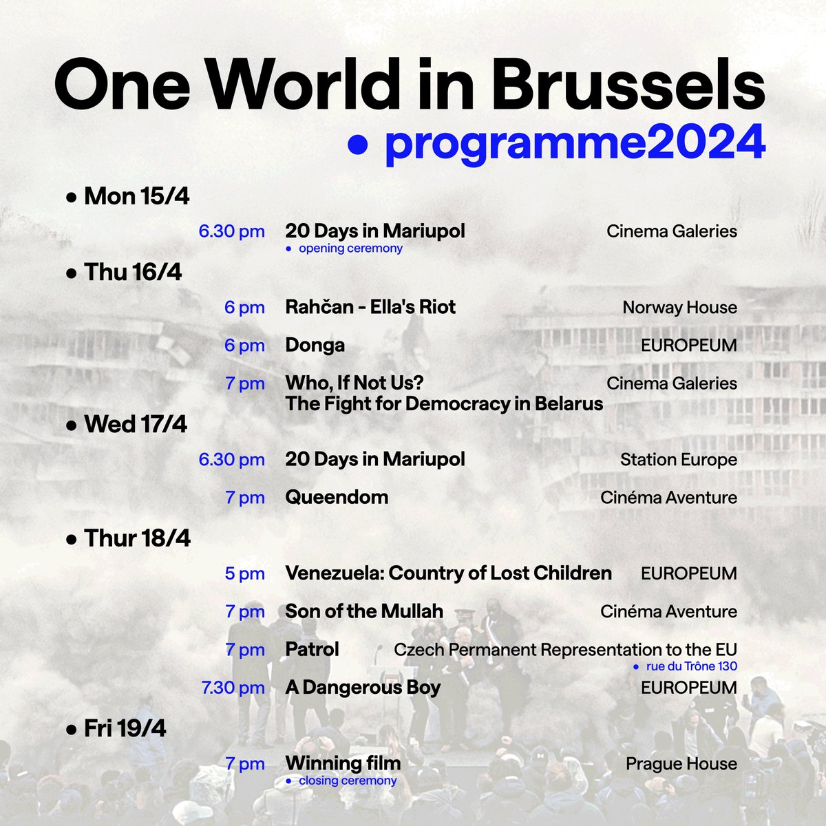 🎬The 17th One World Film Festival in Brussels is here! As a proud partner, @CZECHIAinEU 🇨🇿 invites you to explore a superb selection of films tackling urgent issues like the war in Ukraine, investigative journalism, and gender discrimination. Programme 👇🏼