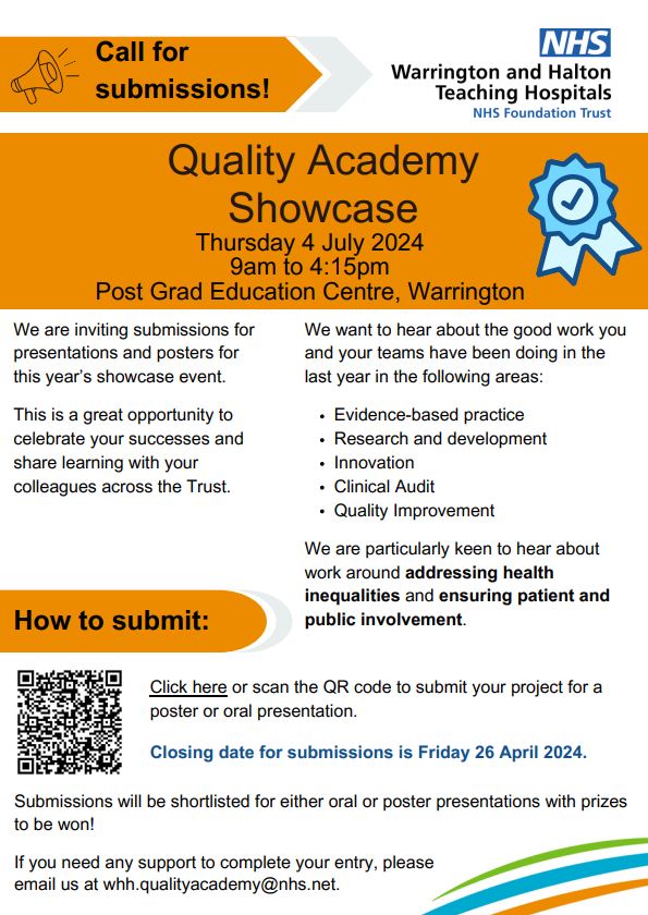 WHH-Don't forgot submissions close on 26 April for the QA Showcase. Scan the QR code to let us know what you or your team have been doing in these areas: 🌟Evidence -based practice 🌟Clinical Audit 🌟Quality Improvement 🌟Research, Development & Innovation 📣 Spread the word!📣
