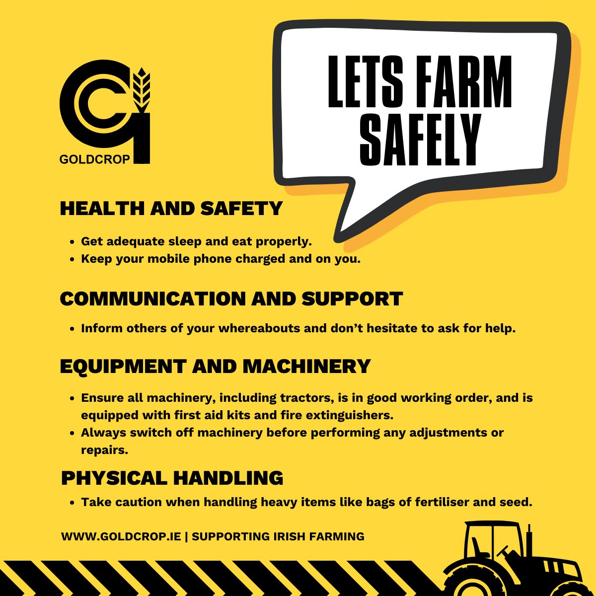 Goldcrop's tweet photo. LETS FARM SAFELY 🫵🚜

With the backlog of work facing many working on farms and the promise of imminent good weather, we should make every effort to remain safe while working on farms. Remember, the work will get done – look after yourself and those around you.

#Farmers #farming #farmsafety #FarmSafe
