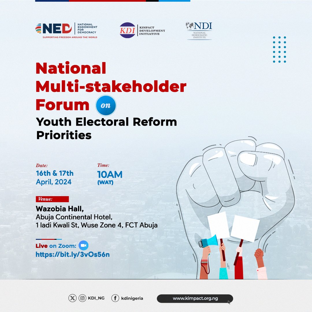 Join us on the 16 and 17 of April, 2024 as we bring stakeholders together in a National Multi-Stakeholders Forum to discuss the youth electoral reform priorities from youth forums across regions. You can also join via zoom: bit.ly/3vOs56n #YouthElectoralReform