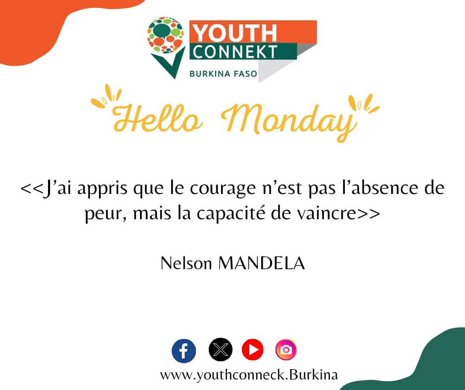 𝐘𝐨𝐮𝐭𝐡𝐂𝐨𝐧𝐧𝐞𝐤𝐭 𝐁𝐮𝐫𝐤𝐢𝐧𝐚 : 𝐌𝐨𝐧𝐝𝐚𝐲 𝐌𝐨𝐭𝐢𝐯𝐚𝐭𝐢𝐨𝐧
L' initiative  YouthConnekt Burkina vous souhaite une excellente semaine de travail.

𝗗𝗖𝗥𝗣_𝗦𝗣/𝗬𝗖-𝗕
@YouthConnektBurkina 
#mondaymotivationchallenge