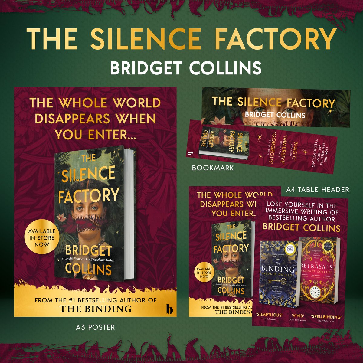 📢 Stunning POS alert! To celebrate the upcoming release of #TheSilenceFactory by Bridget Collins we have beautiful POS packs available soon, including:

✨ A3 posters
✨ Bookmarks
✨ A4 table headers

Booksellers, get in touch to request! POS will be dispatched in early May.