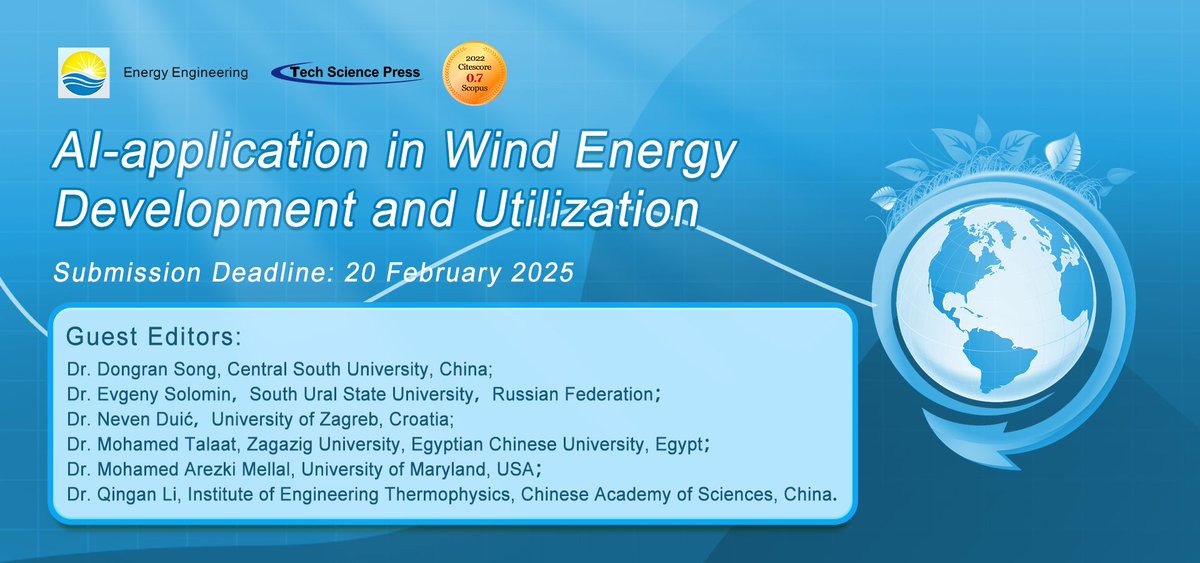 📢 #specialissue #CallforPapers Energy Engineering new special issue“AI-application in Wind Energy Development and Utilization”is open for submission now.👉techscience.com/energy/special…