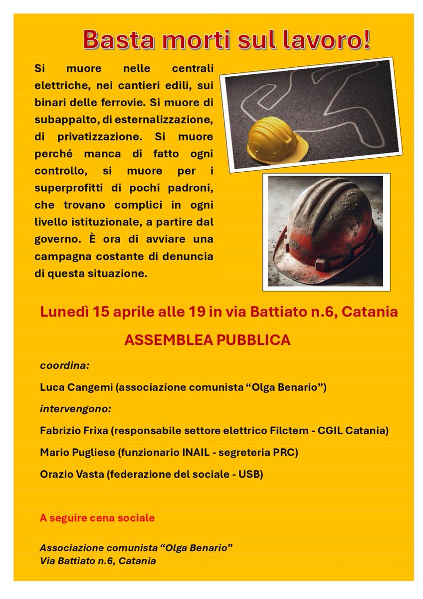 Già dopo la tragedia di #Suviana è tornato il silenzio attorno al massacro quotidiano sui posti di lavoro. Non dobbiamo permetterlo! Oggi alle 19, a #Catania #bastamortisullavoro