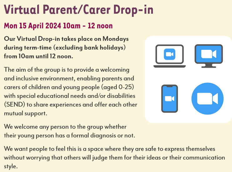 #monday 'Zoom Drop-in' 10am -12noon @RPFL5

All are welcome 🙂 For more details please visit the website:- 
rpcf.co.uk/our-events/vir…
rpcf.co.uk/our-events 

#family #peersupport #togetherwecanmakeadifference #zoom #dropin #autism #autismawareness