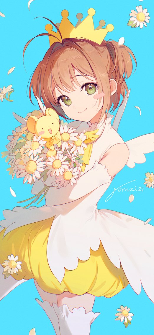 kero ,kinomoto sakura 1girl solo looking at viewer smile short hair simple background brown hair  illustration images