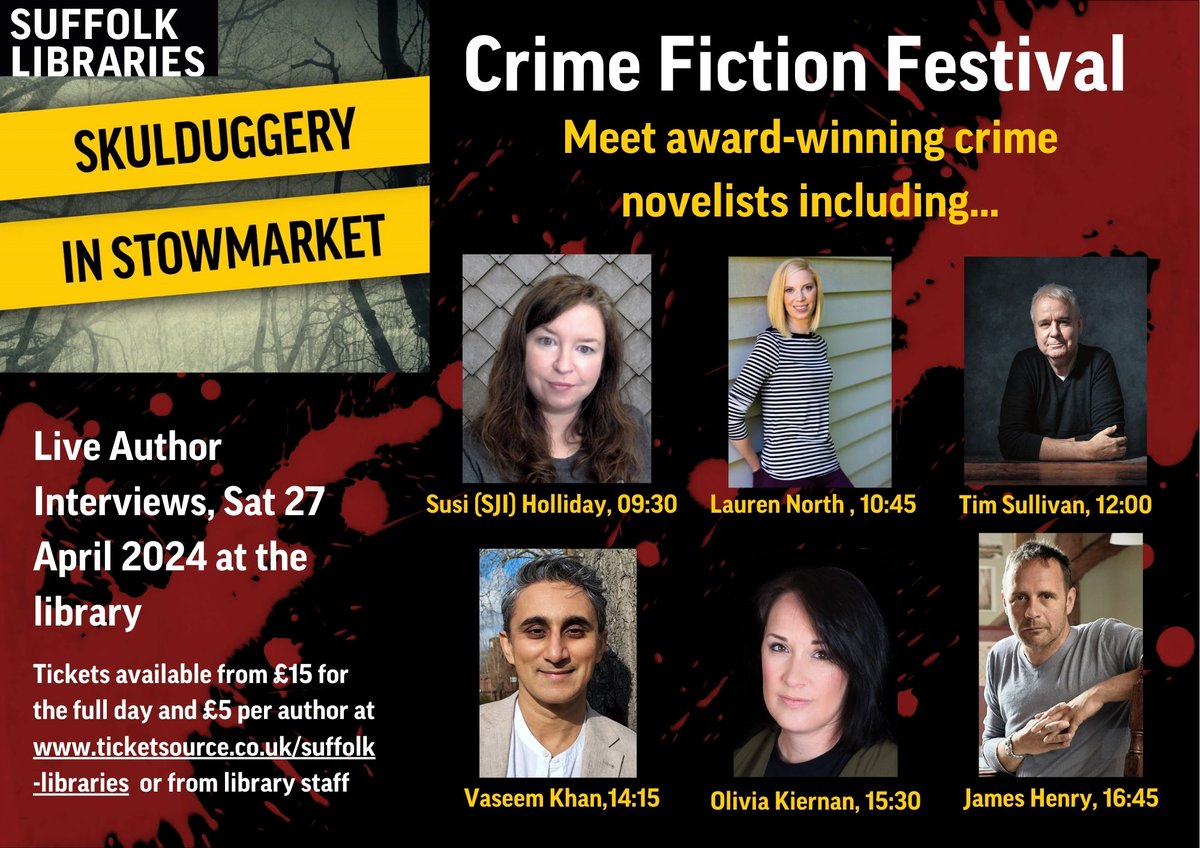 #SkulduggeryinStowmarket is less than two weeks away! If you would like the chance to win a free all-day ticket, retweet this post by Sunday 21 April. @SJIHolliday, @Lauren_C_North, @VaseemKhanUK, @LivKiernan. Tickets are still available at: ticketsource.co.uk/suffolk-librar….