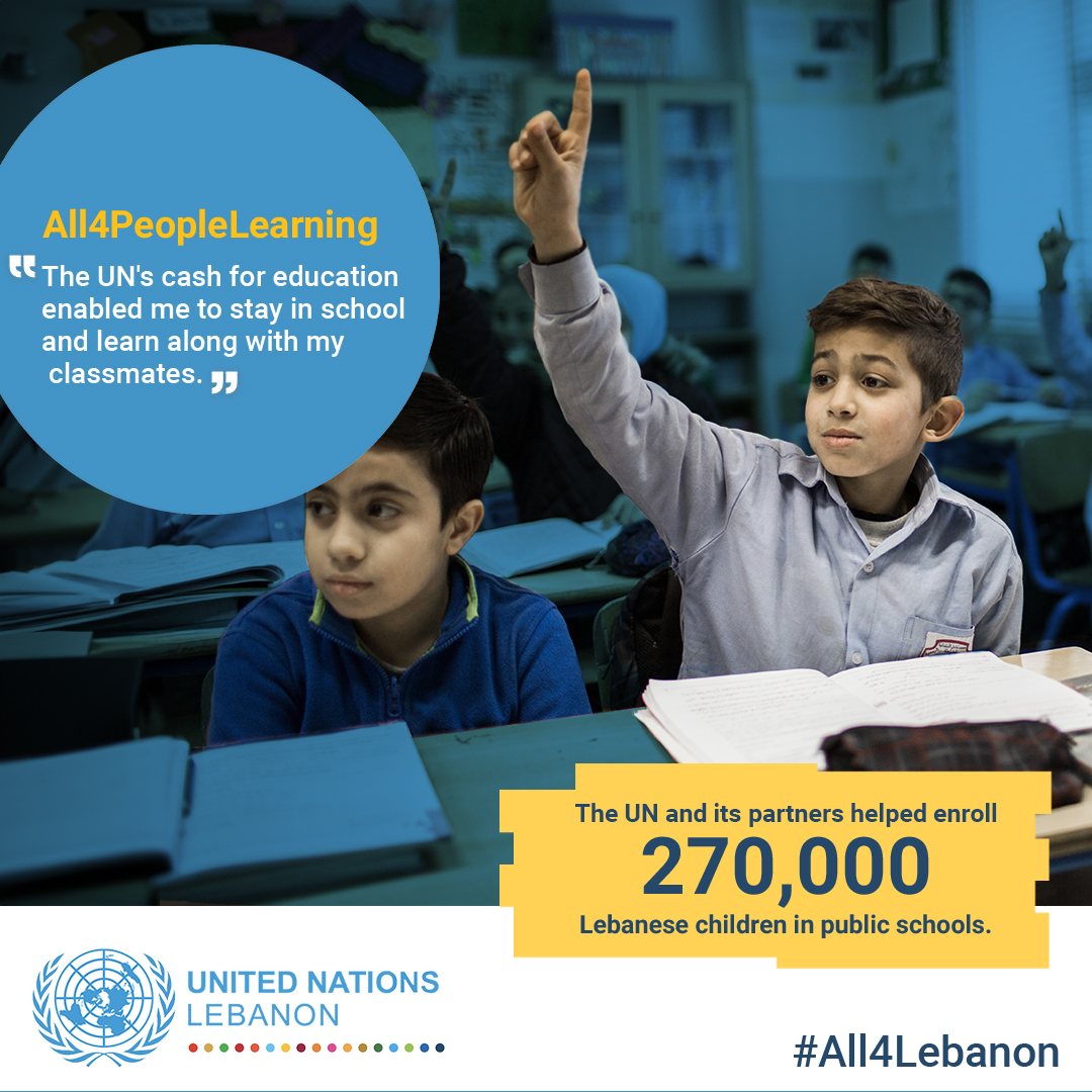 In 2023, #UNLebanon & Partners provided educational support to #Lebanese students: ➡️270,000 children enrolled in public schools for the 2022-2023 school year🎒 ➡️9,000 children/youth provided with remedial or homework support programs #All4Lebanon