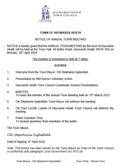 This is a meeting of the electorate of Haywards Heath and you are welcome to ask questions of the Town Council if you are resident. It would be appreciated that your question be sent to town.clerk@haywardsheath.gov.uk before 12pm on the day of the meeting.