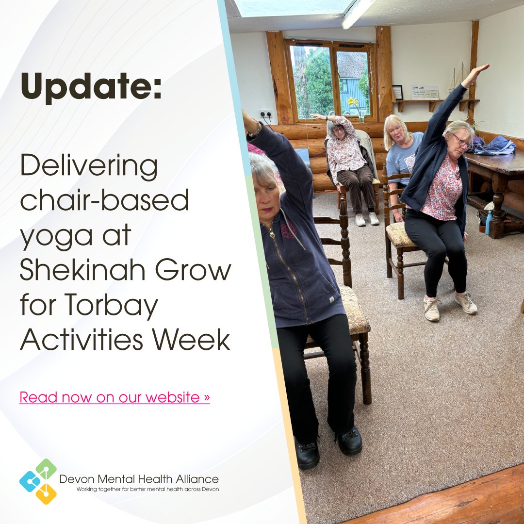 The Devon Mental Health Alliance (@devonmha) on Twitter photo As part of <a href="/torbaycdt/">Torbay Communities</a>'s #LiveLongerBetter Activities Week recently, members of the Step One team delivered chair-based yoga and wellbeing sessions at <a href="/shekinahgrow/">@ShekinahGrow</a> in Paignton.
Read more about the activity here: loom.ly/3uWPz4I As part of <a href="/torbaycdt/">Torbay Communities</a>'s #LiveLongerBetter Activities Week recently, members of the Step One team delivered chair-based yoga and wellbeing sessions at <a href="/shekinahgrow/">@ShekinahGrow</a> in Paignton.
Read more about the activity here: loom.ly/3uWPz4I