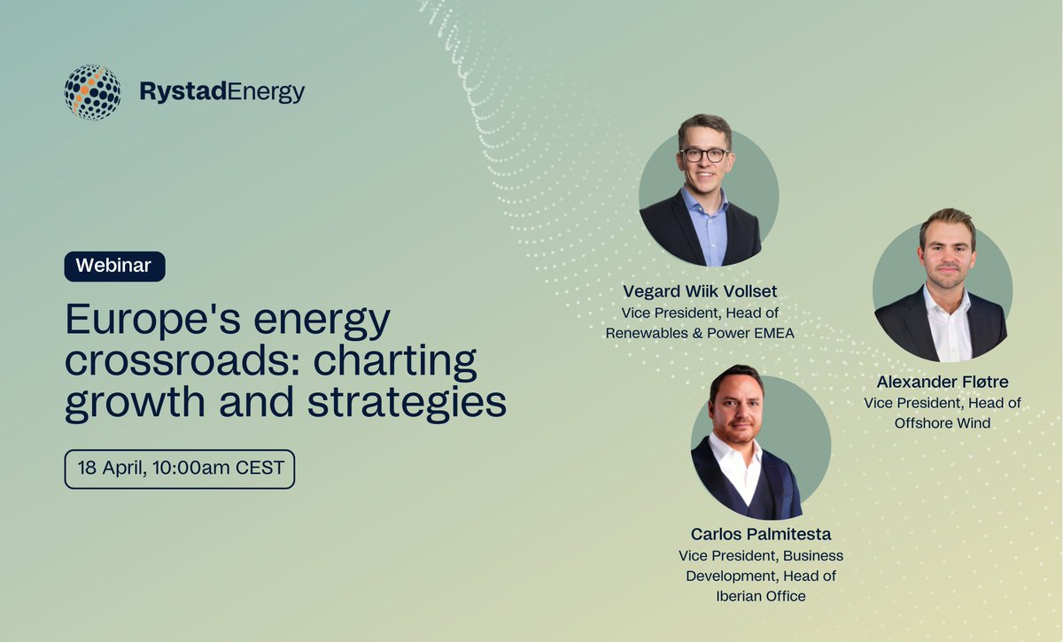 RystadEnergy's tweet photo. Join us on 18 April for a webinar on navigating Europe's energy crossroads, where we analyze the impact of EU policies, offshore wind resilience and the future of the wind supply chain. 
https://t.co/CKnWasifD1 

#Europeanpower #EUpolicy #renewableenergy #offshorewindenergy https://t.co/b0t2hIjhTv