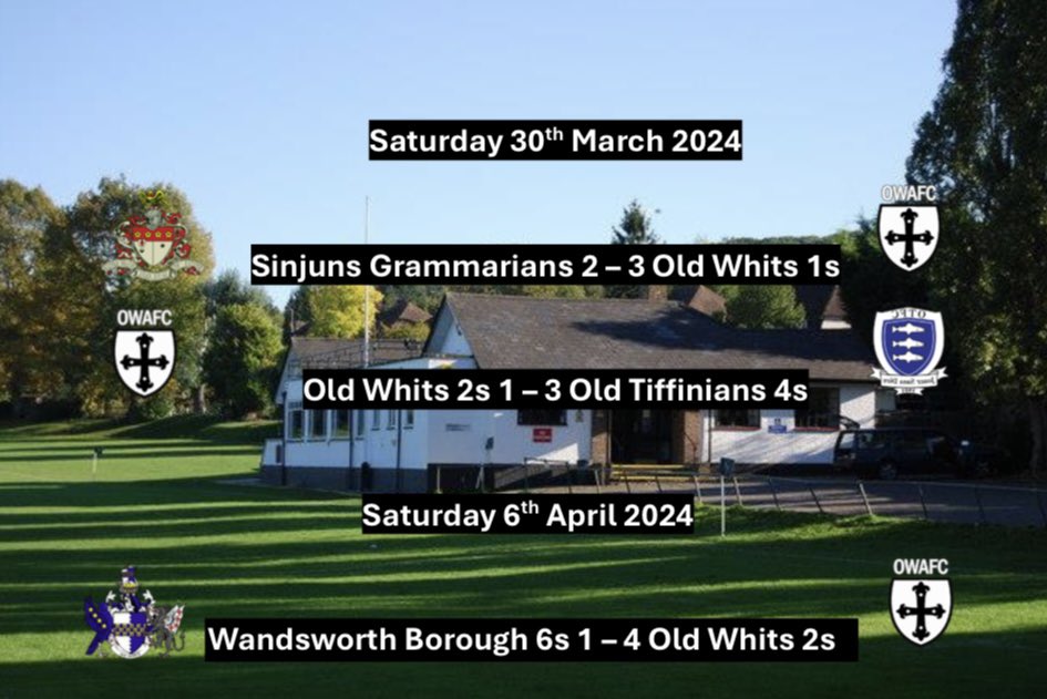Match day Catch Up.
1s put in a strong performance away to <a href="/SinjunsFC/">Sinjuns Grammarians FC</a> 2s with a bare 11. Craig Johnson netting his first goal for Whits before a Dan Lowe brace added to his tally. 2s had a setback against <a href="/OldTiffiniansFC/">Old Tiffinians FC</a> 4s before a disciplined away win at <a href="/WandsworthB_FC/">WandsworthBoroughFC</a> 6s.