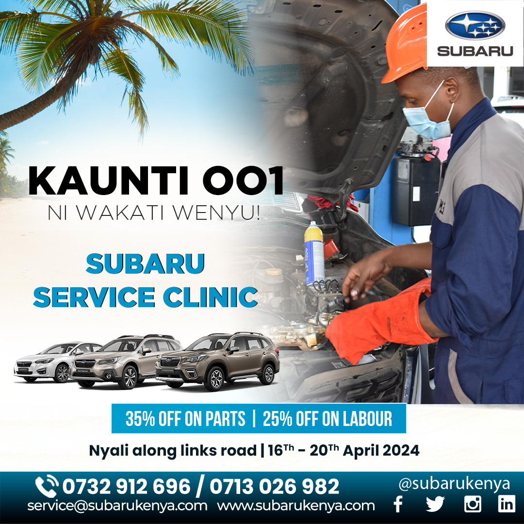Welcome to the long-awaited Coast Subaru Service Clinic from 16th to 20th April! Don't miss out, join us at the Mombasa, Nyali ORIEL Service Center. You’re highly encouraged to book advance appointment on forms.office.com/r/8bUs3vApbB.