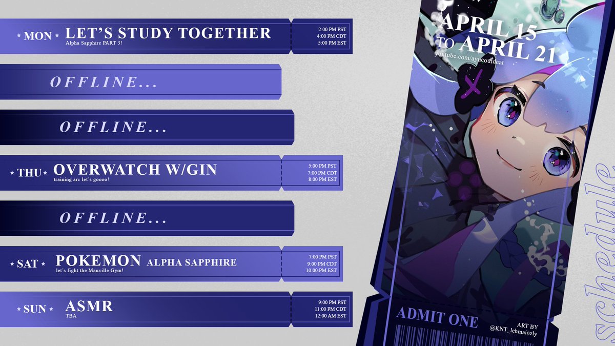 【APRIL 15 - APRIL 21】✧･ﾟ: *✧･ﾟ*  

study stream moved to MONDAY this week because of some irl conflicts!  

aiming to guerilla lots this week if I'm able to!!  

✧･ﾟ: *✧･ﾟ✧･ﾟ: *✧･ 
art → @/KNT_lehmaiozly  
sched → @/DINONESIE