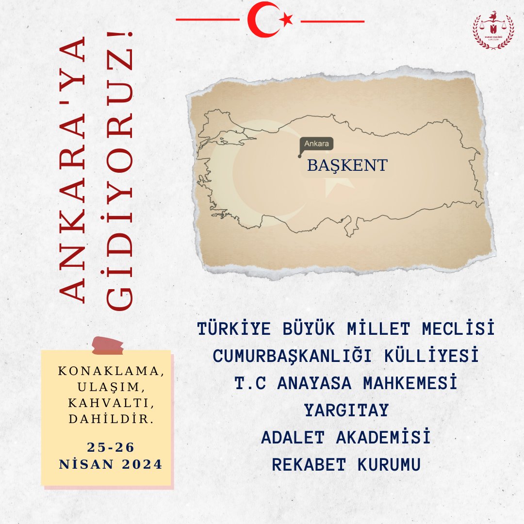 25-26 Nisan tarihlerinde Ankara'da bulunan birçok önemli resmi kurumları ziyaret  ederek deneyimlerimizi arttıracak ve yeni ufuklara yelken açacağız! Ankara gezimize katılmak için maillerinizde yer alan katılım formunu doldurmayı unutmayın!

Katılım kontenjanla sınırlıdır.