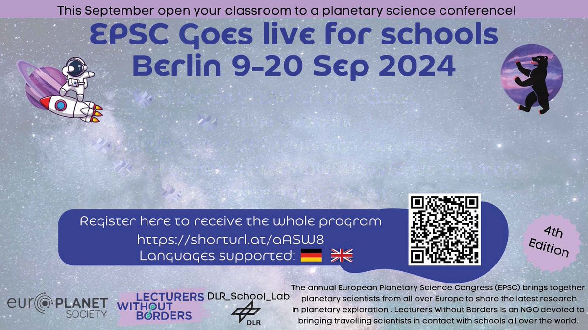 EPSC Goes Live for Schools 2024! During the #EPSC2024, Europlanet together with @lecturerswb, @epec_epn, #DLR_School_Lab, #MINToringprogram and @FU_Berlin will brings planetary scientits and participants into contact with classrooms in Berlin and beyond: europlanet-society.org/epsc-goes-live…