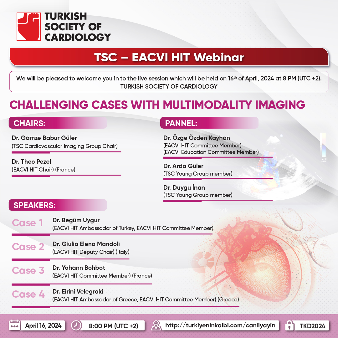 16 Nisan Salı günü saat 20:00’de TKD-EACVI HIT ortaklığında Challenging Cases With Multimodality Imaging konulu webinar bir gerçekleştireceğimiz webinarımıza değerli katılımlarınızı bekleriz. turkiyeninkalbi.com/canliyayin