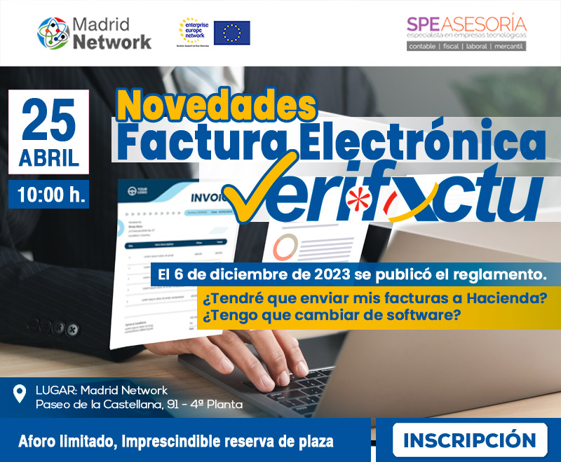 Presentamos las novedades en la Factura Electrónica: #Verifactu ¿Tendré que enviar mis facturas a hacienda? ¿Tengo que cambiar de software? @SPEAsesoria resolverá las dudas en la próxima charla informativa. 🗓️ 25 abril - 10 h. Reserva tu plaza > madridnetwork.madrid/evento/novedad…