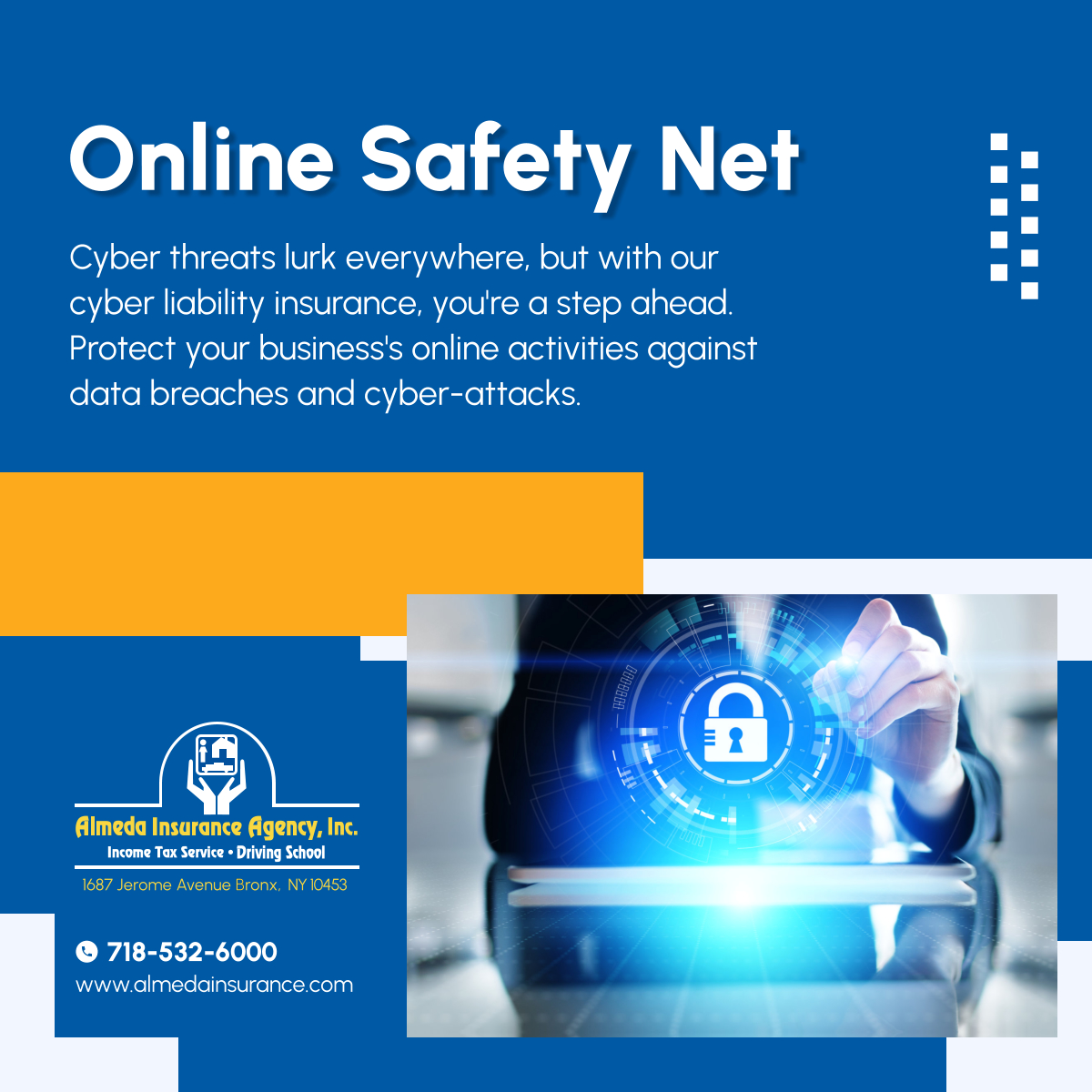 Stay one step ahead of cyber threats with our cyber liability insurance. Protect your business's online activities against the ever-growing threat of data breaches and cyber-attacks, ensuring the digital safety of your enterprise. 

#TheBronxNY #OnlineSafetyNet #CyberProtection