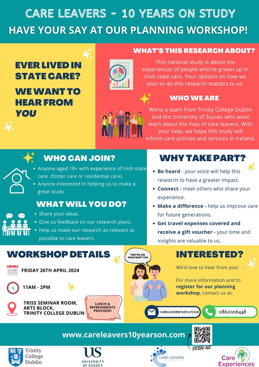 🌟 Calling all #careleavers in Ireland 🌟 Please retweet/share! If you’ve ever lived in #Statecare and are aged 18+, we want to hear from you. Have your say at a Planning Workshop as part of our new national study, Care Leavers - 10 Years On Details 👇 #YourVoiceMatters #PPI