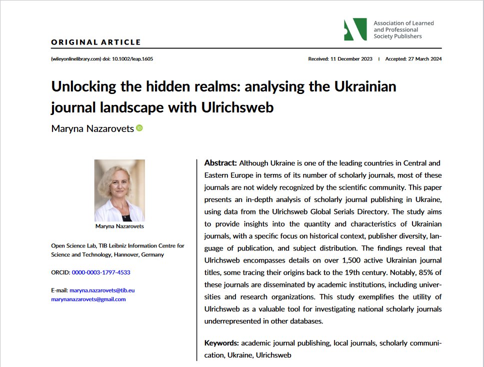MNazarovets's tweet photo. 📚 Excited to share my recent paper "Unlocking the hidden realms: analysing the Ukrainian journal landscape with Ulrichsweb"! 🇺🇦 Historical roots, linguistic diversity, and publishing dynamics. https://t.co/V2gTAtrn19 #scholarlypublishing #Ulrichsweb #Ukraine https://t.co/mf10JTb5qK