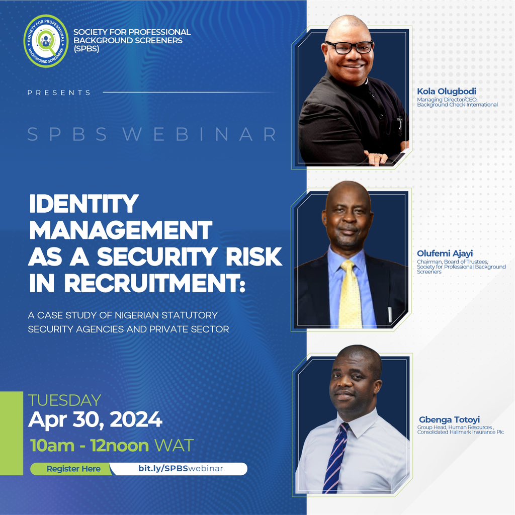 Join us for an exclusive webinar and up-to-date discussion session on identity management and employee engagement.

🗓️ Date: Tuesday, 30th April 2024 
⏰ Time: 10:00 am WAT 
🌐 Location: Zoom Video Conferencing 
#webinar #network #security #backgroundscreening #identitymanagement