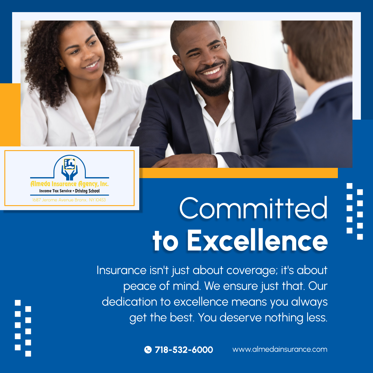 Excellence in insurance means providing peace of mind and ensuring that every client feels secure, knowing they have the best coverage available. With our commitment to excellence, rest assured you're in good hands. 

#TheBronxNY #InsuranceExcellence #PeaceOfMindCoverage