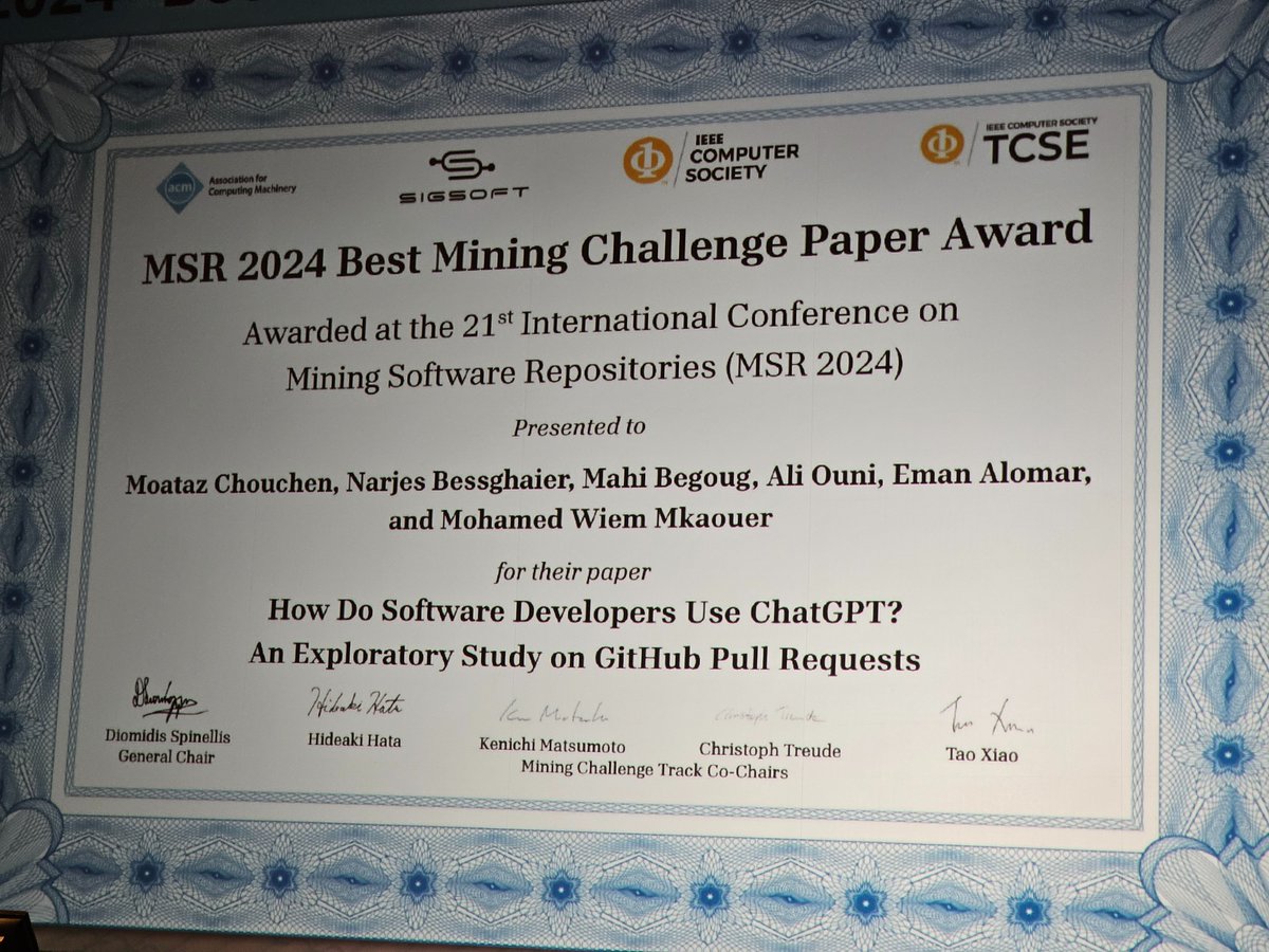 msrconf's tweet photo. The MSR'24 FOSS Impact Award
and 
The MSR'24 Best Mining Challenge Paper 
Congrats to the authors 👏 https://t.co/nBAxY5EYiv