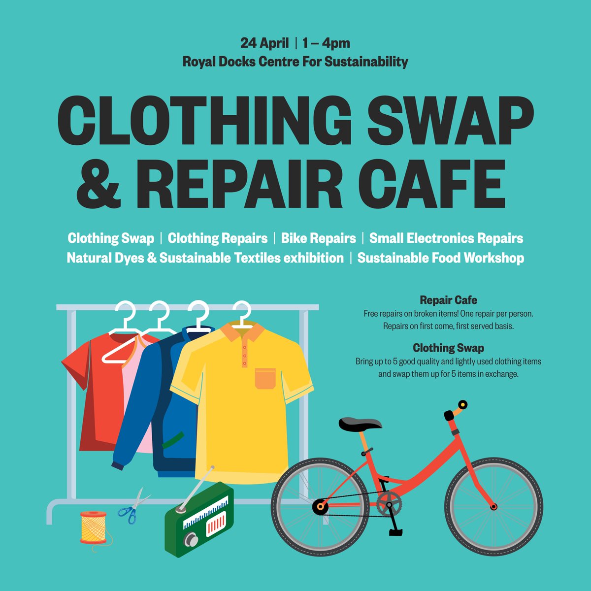 🎉Join us for a Clothes Swap and Repair Café in partnership with University of East London and @NewhamLondon Open to the public and UEL staff and students! 📅Weds 24th Apr ⏰1 – 4pm 📍Royal Docks Centre for Sustainability, University Way, London, E16 2RD tinyurl.com/22uxmdwp