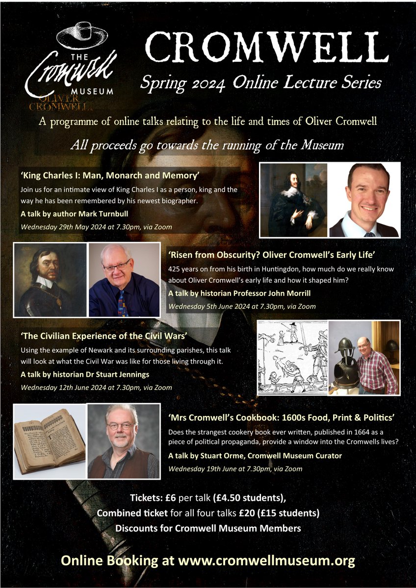 Join us next month for the first of our online lecture series, with talks on aspects of the 1600s by @1642Author, @john_jsm1000, @Stuart1642 and @StuartOrme. Ticket holders can watch live online or by a recording at their leisure! Details at: cromwellmuseum.org/events/cromwel…