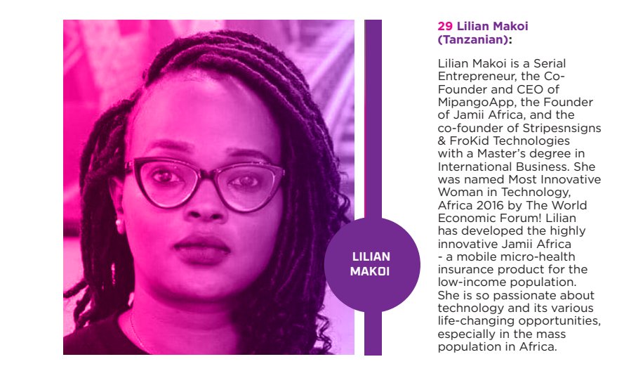 2024 Top 100 #WomenInFinTech 👇👇 29. @lilly_makoi (Tanzanian): Lilian Makoi is the CEO of @mipangoapptz and founder of @JamiiAfrica, known for its mobile micro-health insurance. She was recognized as the Most Innovative Woman in Technology, Africa 2016 by @wef. |…