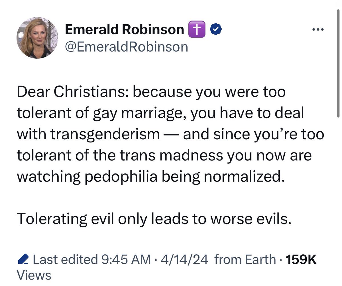 @MikeT31608074 Respectfully, I disagree. I think if believers would’ve said no to gay marriage, and stood up for what is right, true and moral, we wouldn’t be seeing transgenderism running rampant.