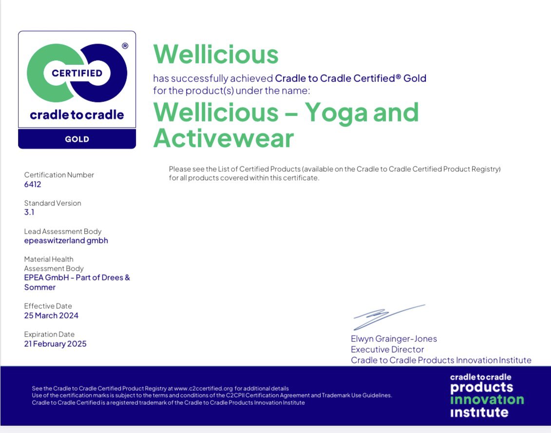 We are thrilled to share that we have recently achieved our Cradle to Cradle #recertification. Ensuring our Yoga & Activewear stays #circular and safe for both the planet and people is paramount to us. 

#CradleToCradle #Sustainability #CircularFashion #EcoFriendly #Wellicious