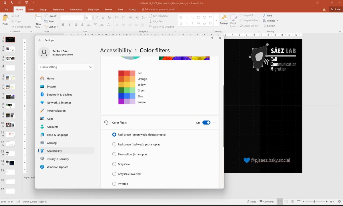 ICYM If you want to include everyone in your audience, consider images/slides compatible with #colorblind 1) by using amsterdamstudygroup.shinyapps.io/ezreverse/ 2) directly change the colour filters in your OS. Here. for Windows, it's just one click ;) There are plenty more #coloblindnessday