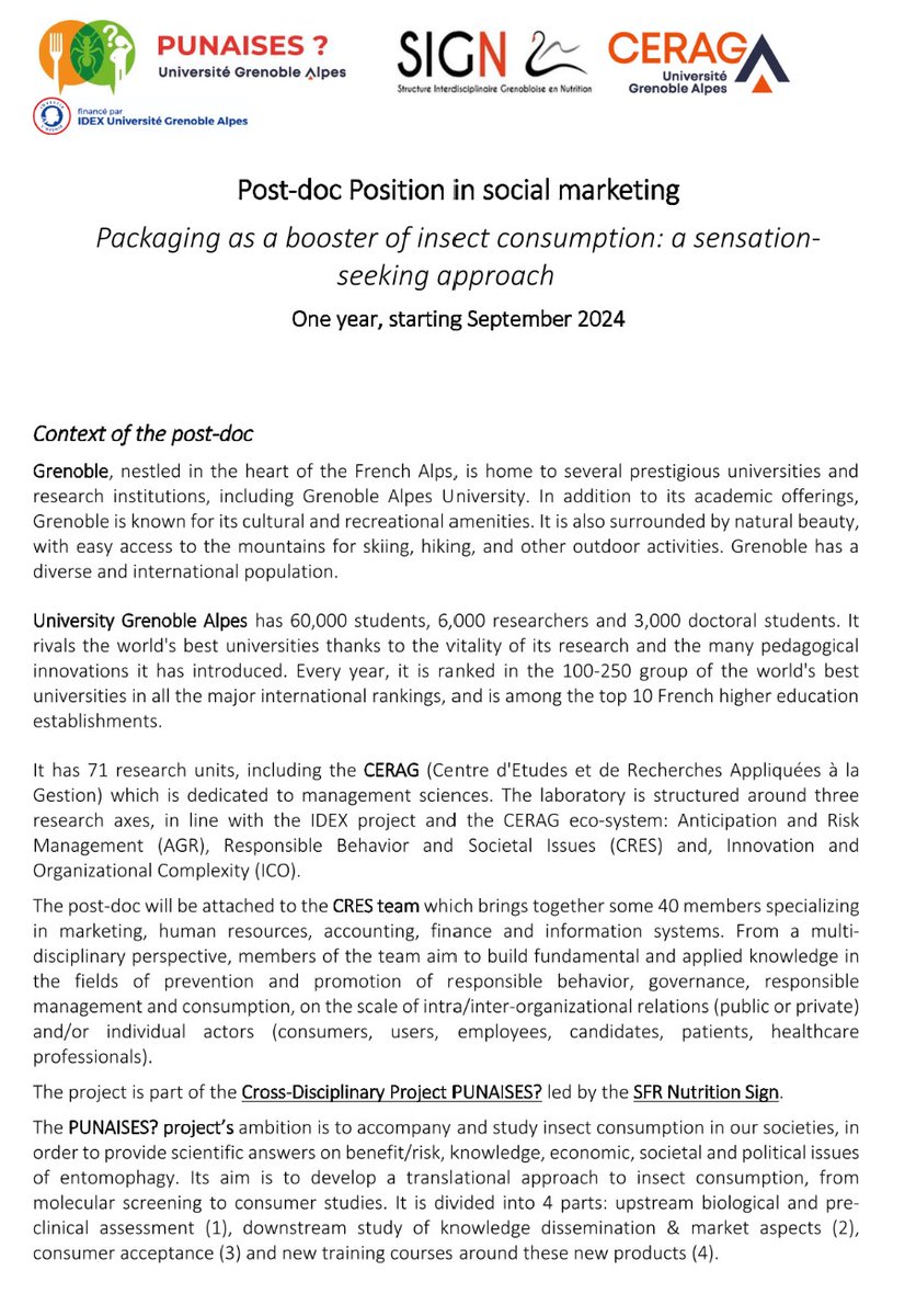 Seeking a postdoc in #SocialMarketing in France? 

Join this project on boosting insect consumption through innovative packaging. 

Led by Prof. Agnès Helme-Guizon. #Entomophagy 🐛🔬