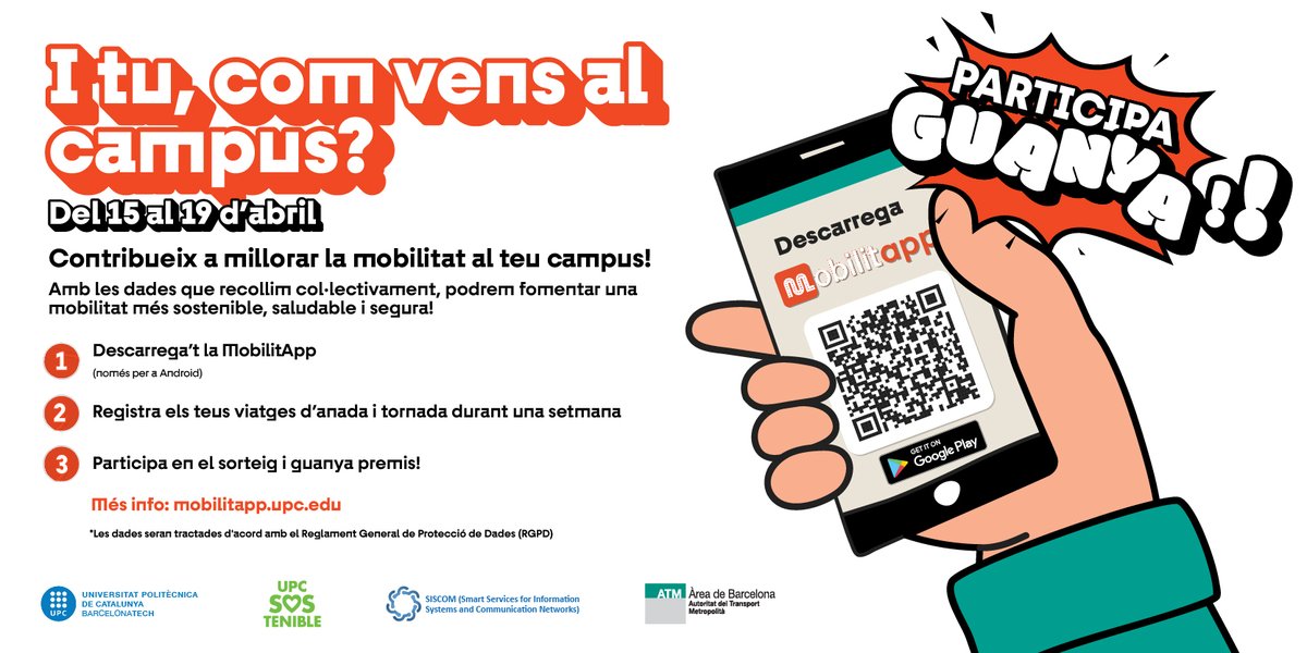 🚌🪂 I TU, COM VENS AL CAMPUS? 🚲🛴
Participa i contribueix a millorar la mobilitat del teu campus!

📲 INSTAL·LA’T la MOBILITAPP (Google Play Store) i registra els teus viatges al campus.
🗓 Del dilluns 15 al divendres 19 d’abril.

🎁 Guanya premis!

+ℹ️: mobilitapp.upc.edu/ca/campus