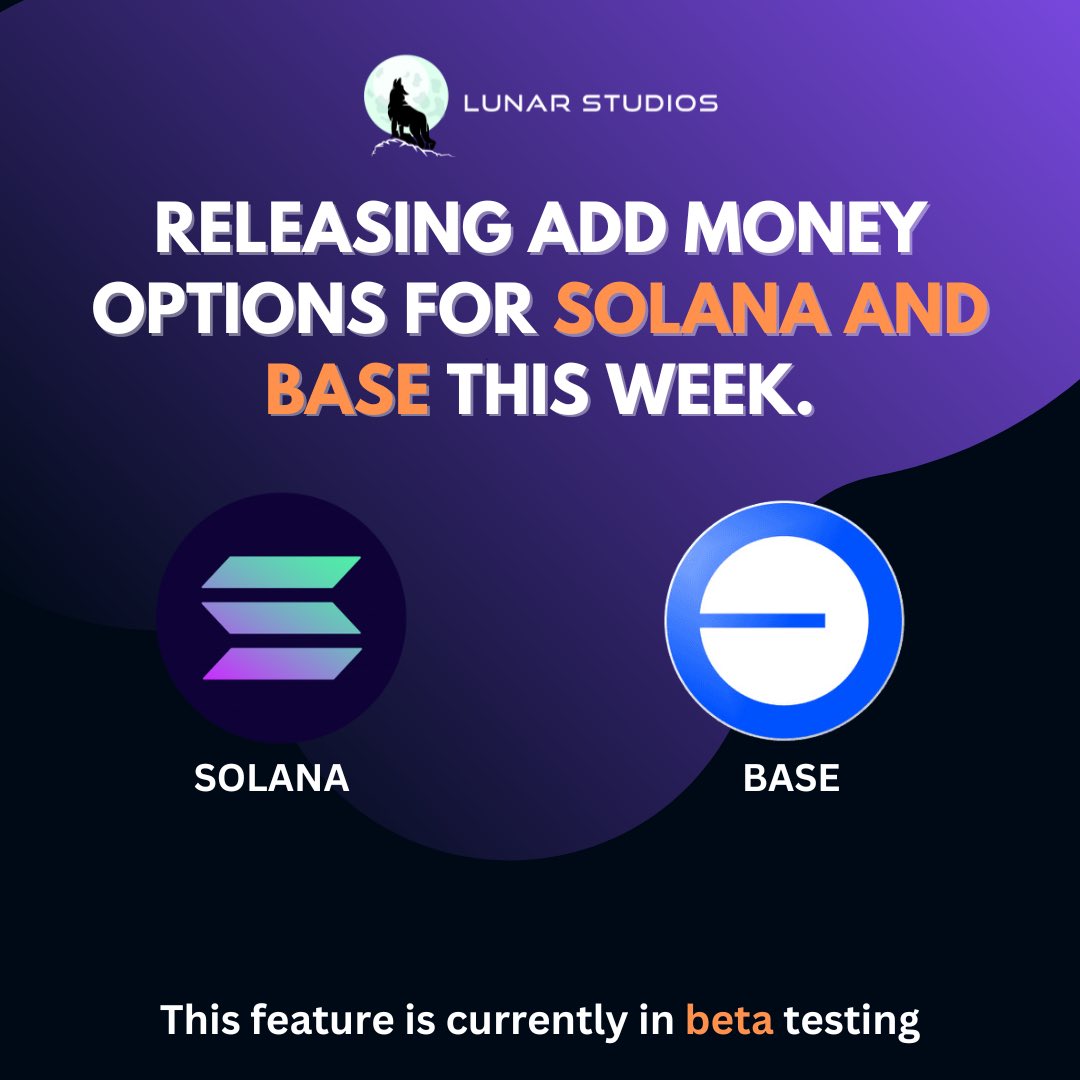 LunarStudiosX's tweet photo. Exciting news ahead: Add Money Options for Solana and Base are launching this week! And guess what? They're already in beta ๐ฅ Stay tuned for seamless transactions ahead!
#blockchain #base #SolanaMemeCoins #crypto #cryptogaming #cryptocurrency #CVALOX #explore #NFTs #solana #cryptoworld