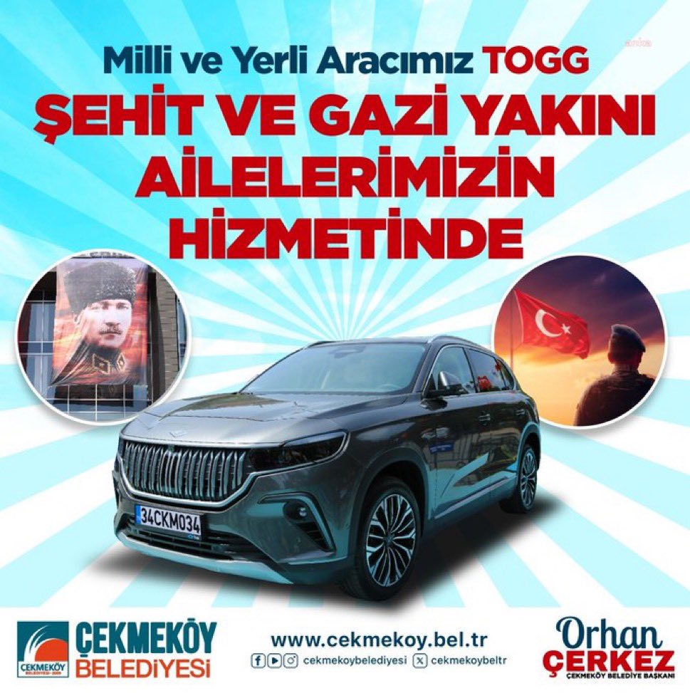 Halkçı hizmet dönemi başladı 31 Mart yerel seçimlerinde CHP adayı Orhan Çerkez'in başkan seçildiği İstanbul Çekmeköy'de belediye araç filosunda bulunan TOGG marka otomobil, şehit ve gazi yakınlarına hizmet verecek.