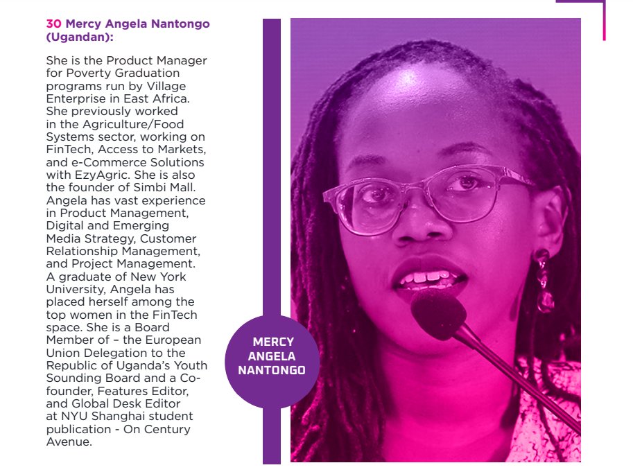 2024 Top 100 #WomenInFinTech 👇👇 30. @missnantongo (Ugandan): Angela manages Poverty Graduation programs for @village_ent in East Africa and founded @simbimall. With a background in Agriculture and FinTech, she's skilled in Product and Project Management. |…