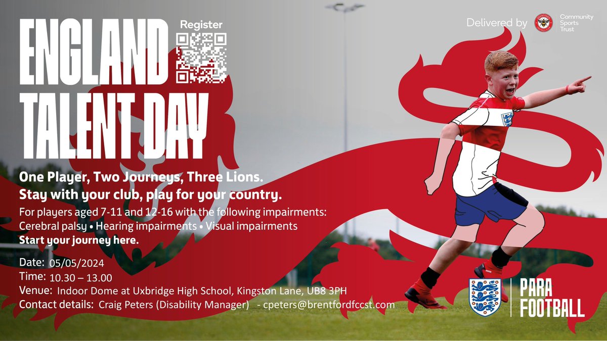 London-based @BrentfordFCCST are hosting an England Talent Day for disabled players in West London! ⚽ For players aged 7-11 & 12-16 with cerebral palsy or hearing/visual impairments 📅 Sunday 5 May 2024, 10:30am-1pm 📍 Uxbridge High School 📩 cpeters@brentfordfccst.com