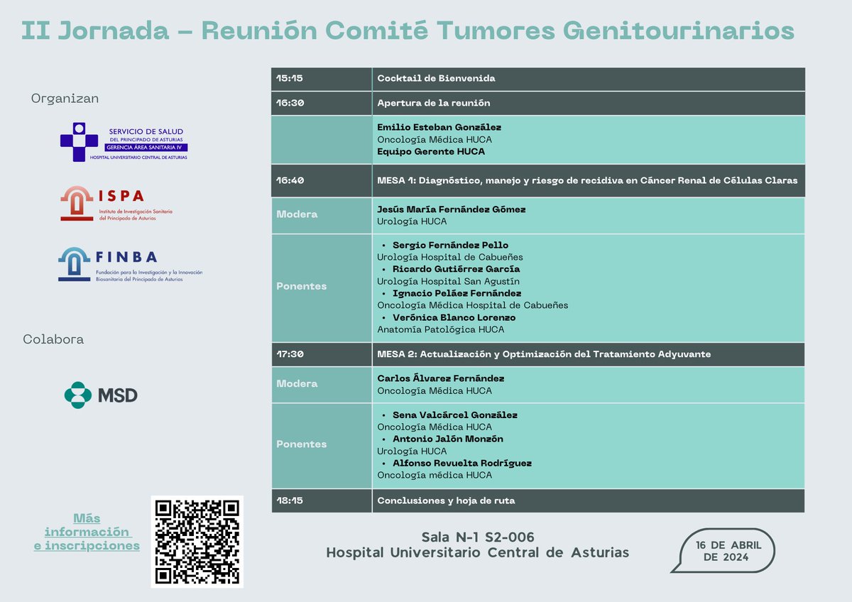 II Reunión Comité de Tumores Genitourinarios de Asturias, con el patrocinio de @MSDEspana. Este martes 16 de abril desde las 16:30 en la sala N-1 S2 006 @HUCA_Asturias. ispa-finba.es/ii-jornada-reu…
