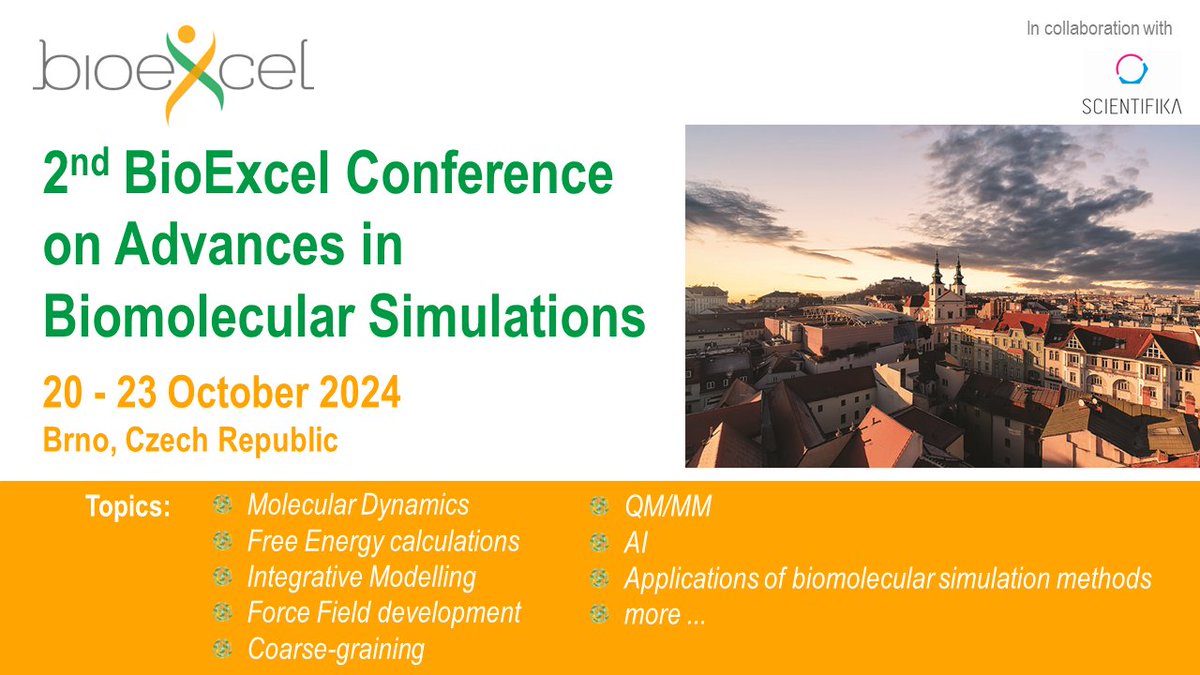 BioExcelCoE's tweet photo. 📢Registration is open for the "2nd BioExcel Conference on Advances in Biomolecular Simulations"

➡️ https://t.co/rI60l9mQcy

🗓️ 20 - 23 October 2024 
📍Brno, Czech Republic

📩Submit your abstract to give a talk alongside an already great line-up of speakers❗️ https://t.co/k0IBncNoW0