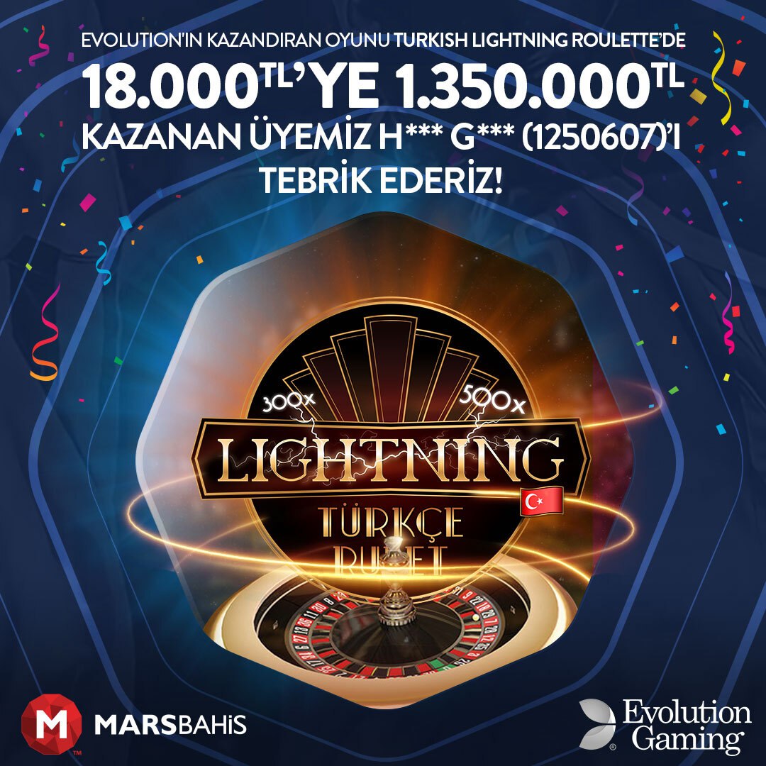 Marsbahis Giriş Evolution'ın Kazandıran Oyunu Turkish Lightning Roulette'de 18.000TL'ye 1.350.000TL Kazanan üyemizi tebrik ederiz. #Marsbahis Marsbahis Güncel Giriş Adresi 2024