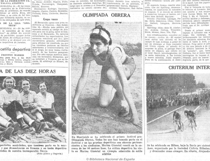 Marina Ginestà, 16yo pictured here in La Voz, 16 Sept 1935 taking part as a sprinter in workers games event held at Montjuïc stadium. 10 months later Juan Guzmán would capture her with a borrowed rifle on top of Barcelona's Hotel Colon, today an iconic photo of Spanish Civil War